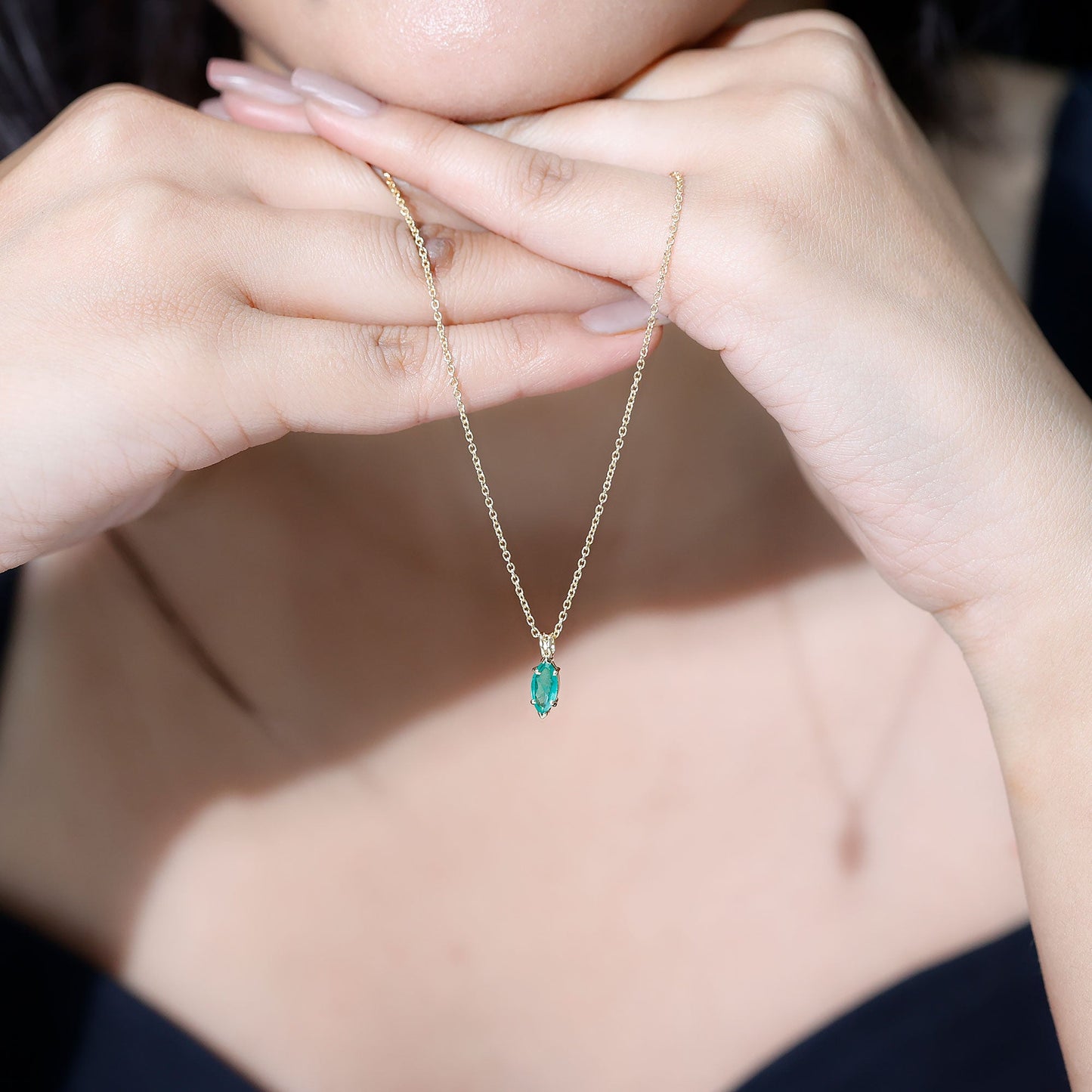 Marquise Cut Emerald Solitaire Pendant Necklace