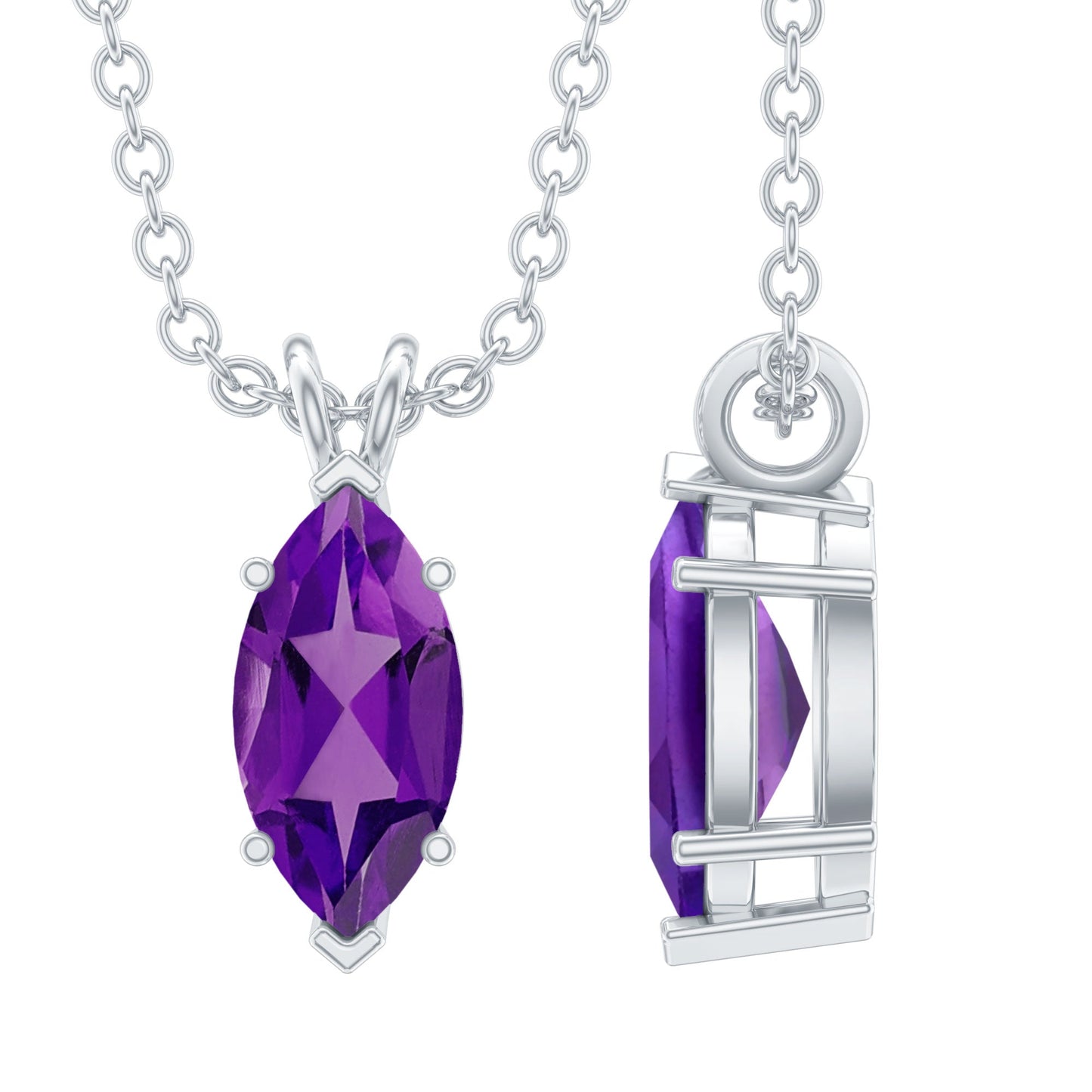 Genuine Marquise Cut Amethyst Solitaire Necklace with Silver Chain