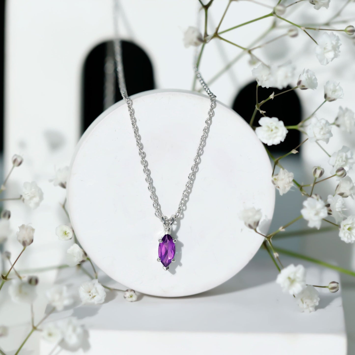Genuine Marquise Cut Amethyst Solitaire Necklace with Silver Chain