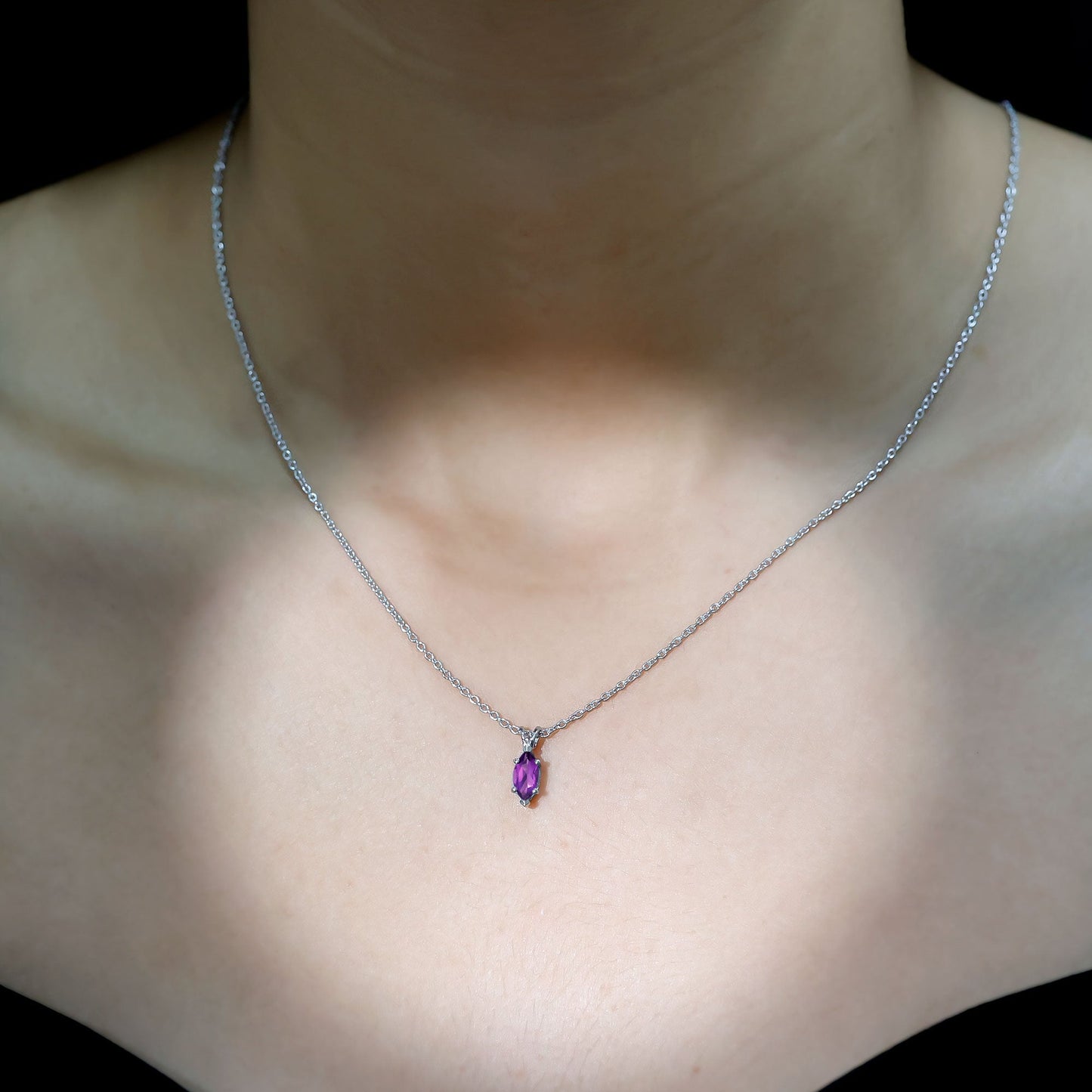 Genuine Marquise Cut Amethyst Solitaire Necklace with Silver Chain