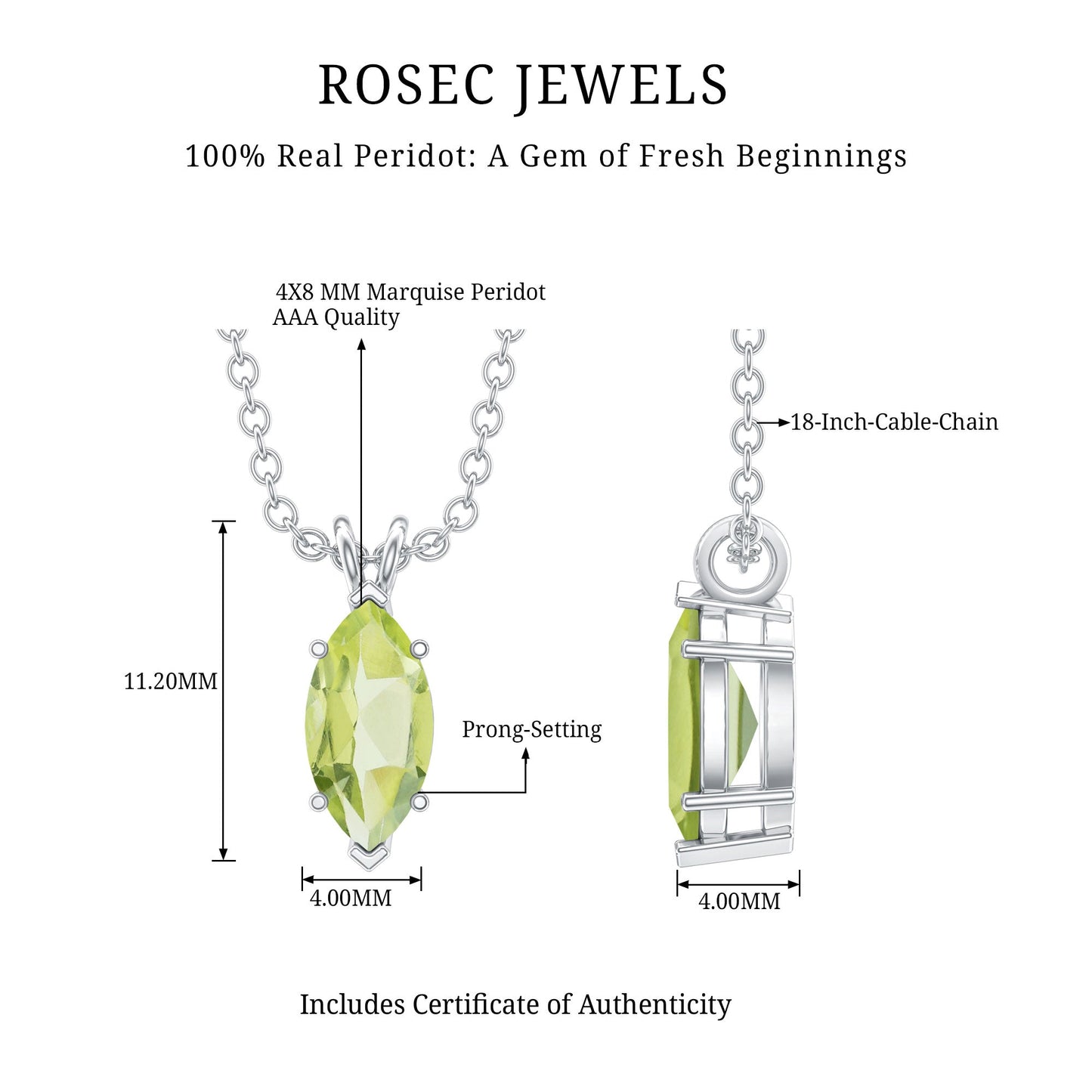 0.74 Carat Marquise Cut Peridot Birthstone Necklace with Silver Chain