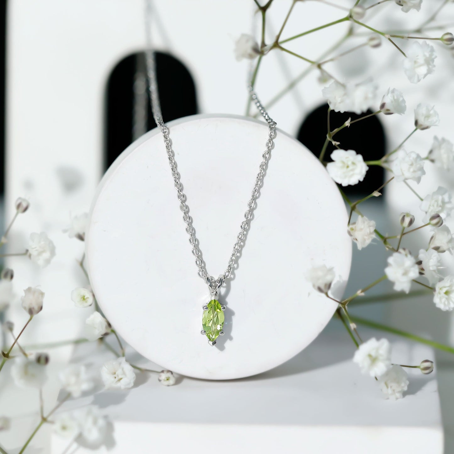0.74 Carat Marquise Cut Peridot Birthstone Necklace with Silver Chain