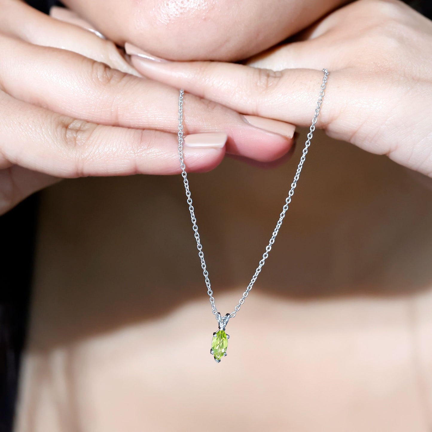 0.74 Carat Marquise Cut Peridot Birthstone Necklace with Silver Chain