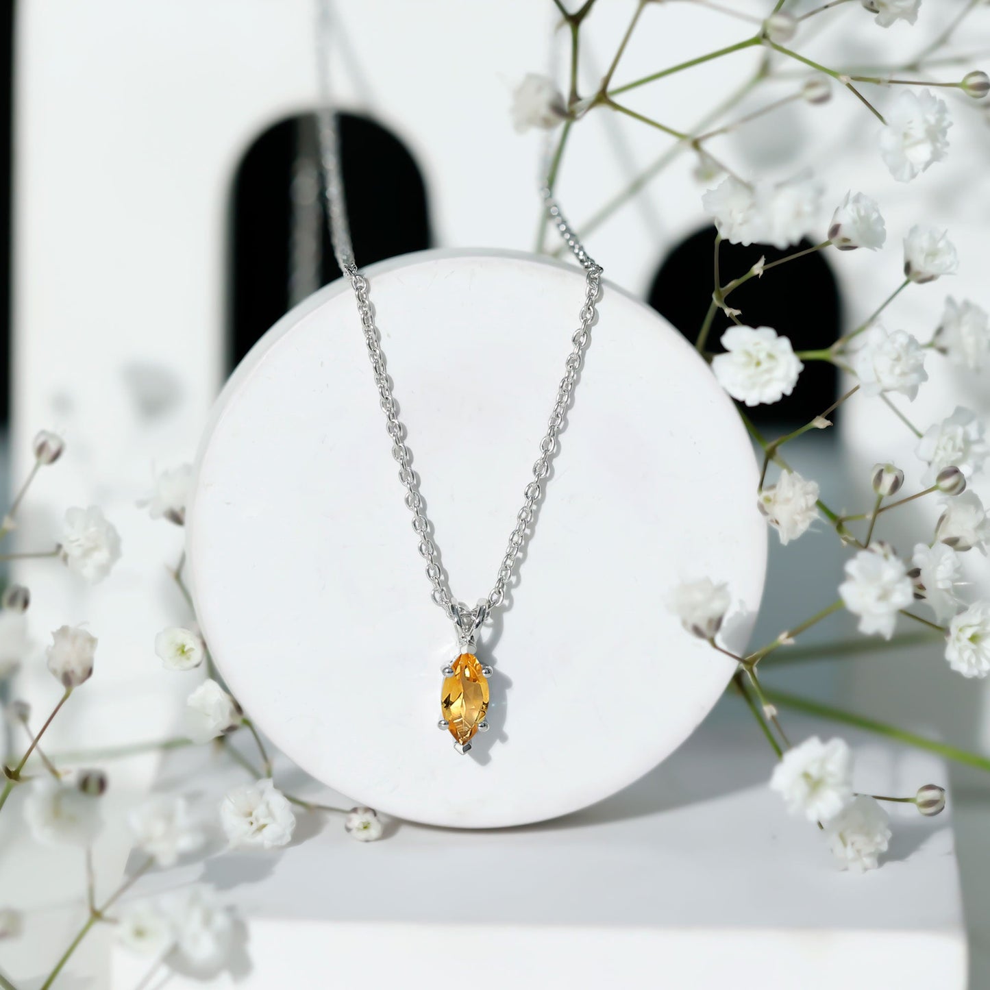 Marquise Cut 4X8 MM Citrine Solitaire Necklace with Silver Chain