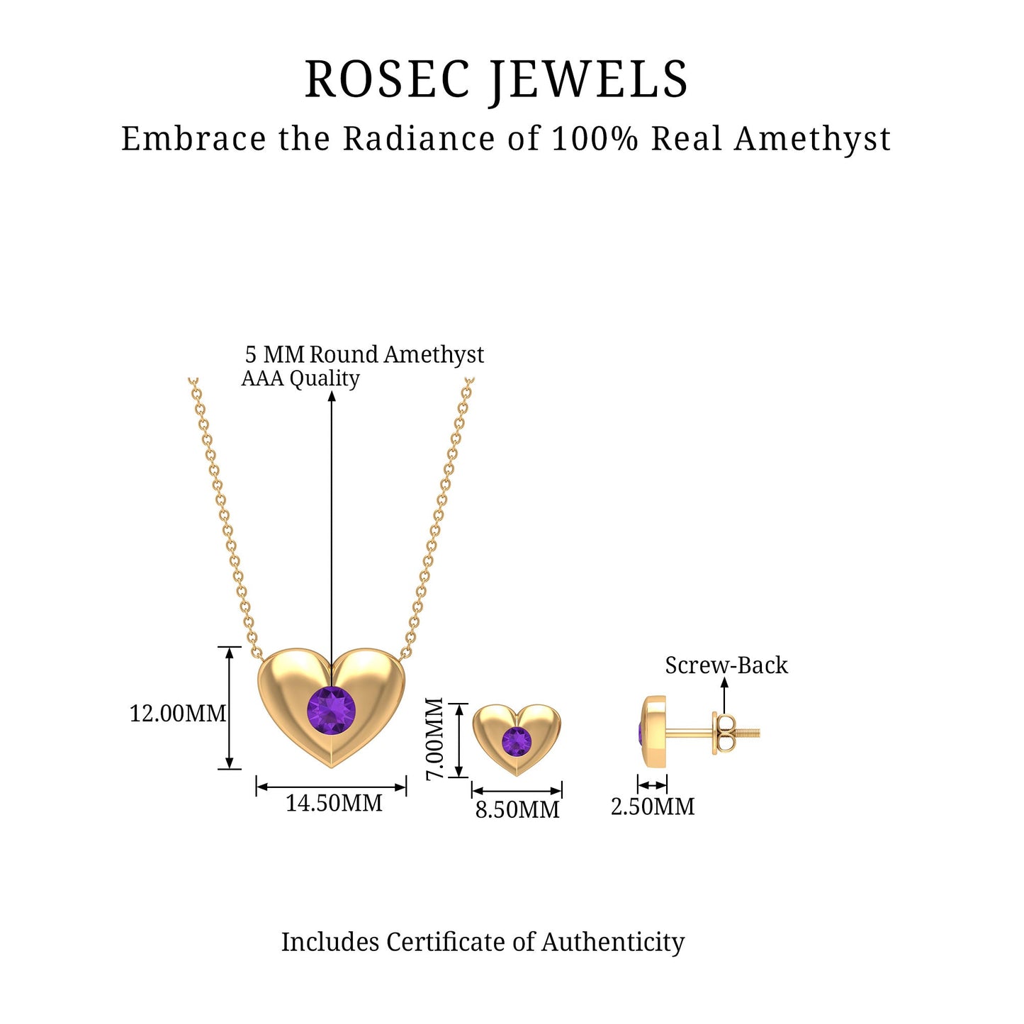 Real Amethyst Heart Necklace and Earrings Set