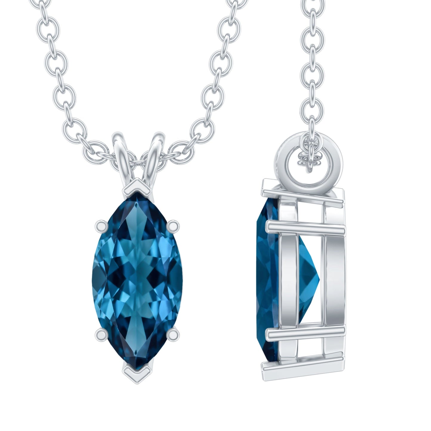 Real 0.7 Carat Marquise London Blue Topaz Necklace with Silver Chain