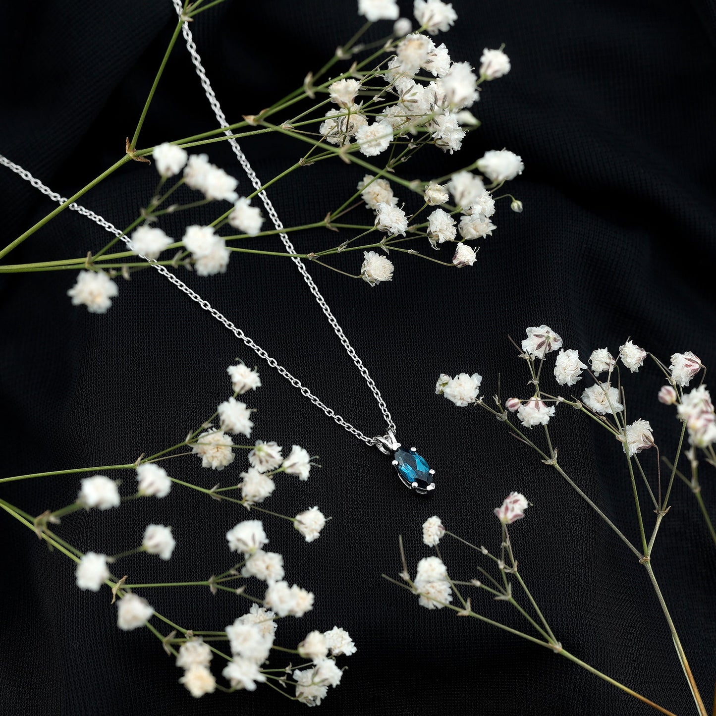 Real 0.7 Carat Marquise London Blue Topaz Necklace with Silver Chain