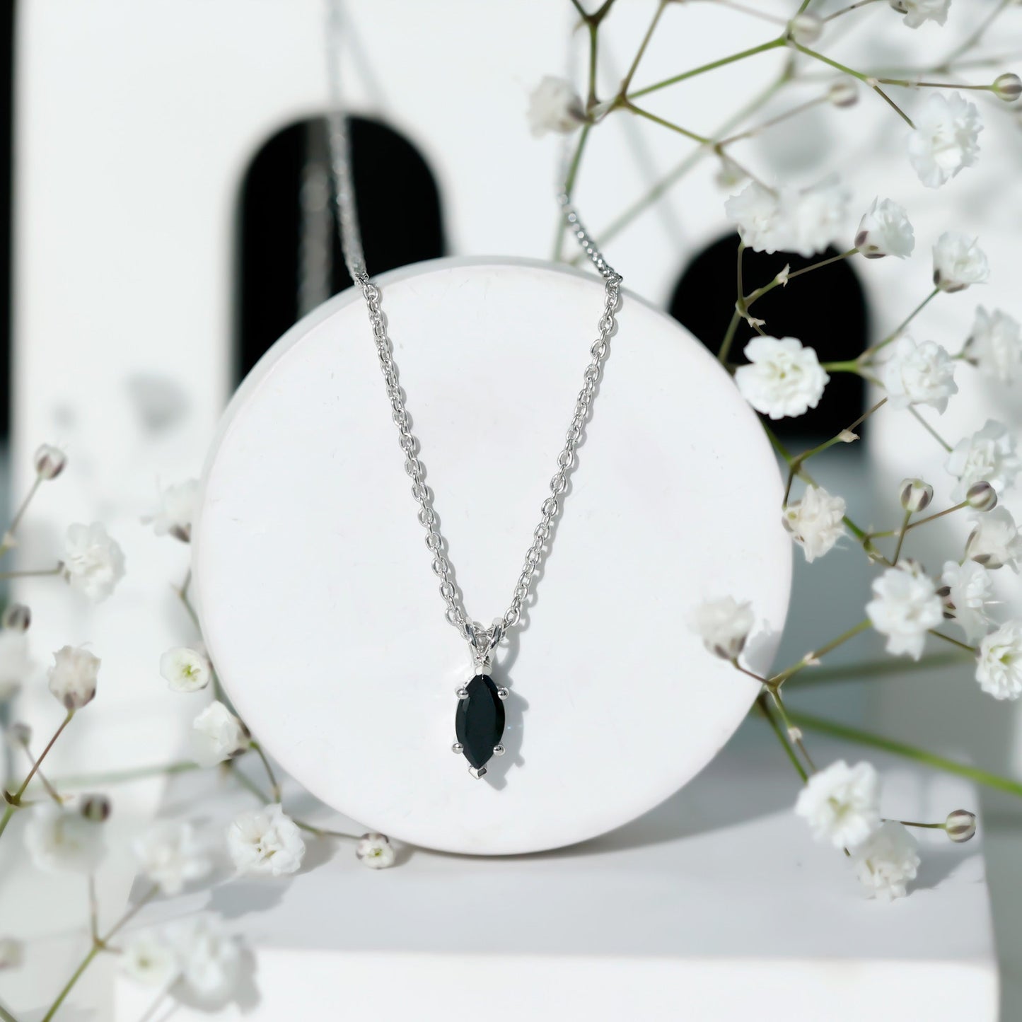 Real 0.7 Carat Black Spinel Marquise Necklace with Silver Chain
