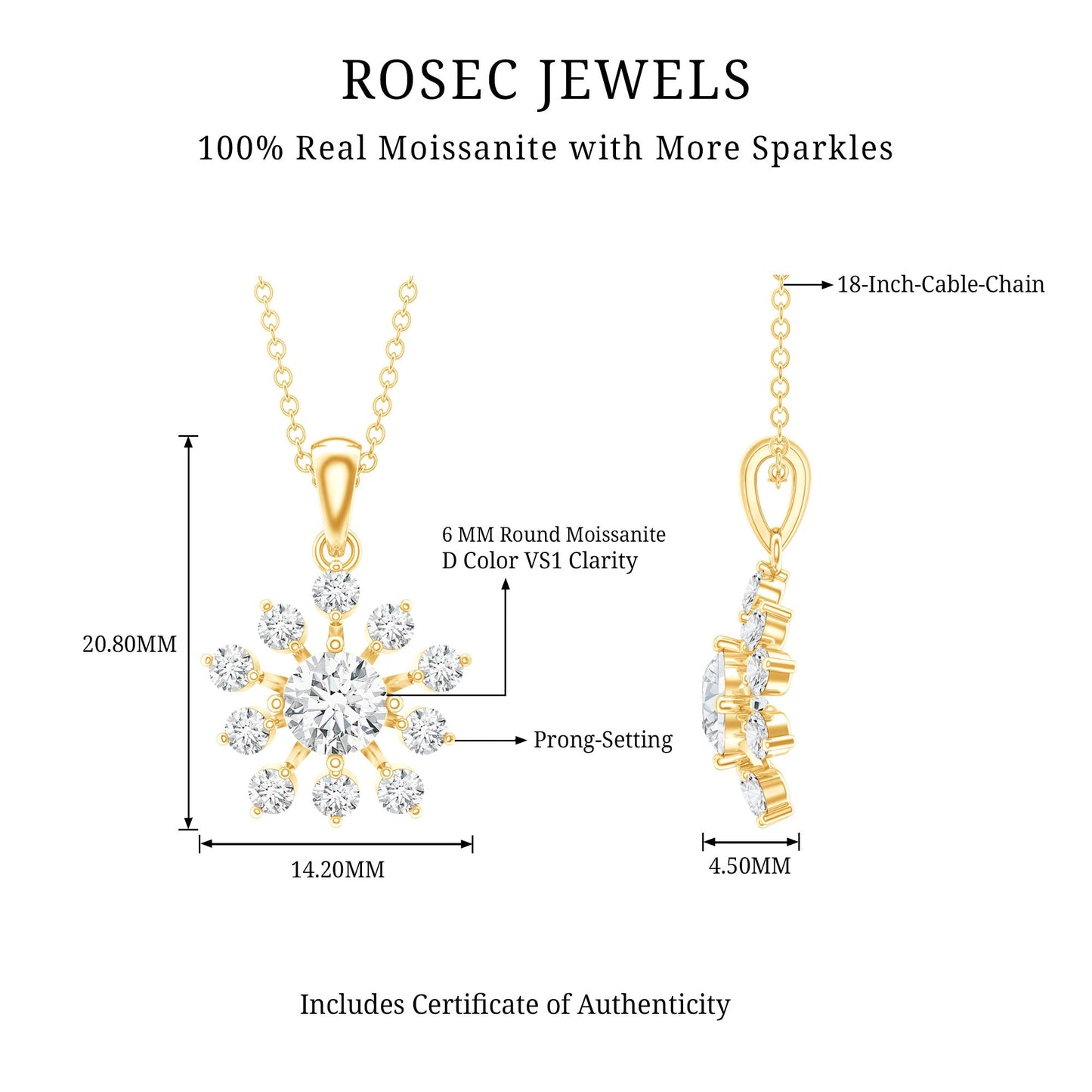 Certified Moissanite Snowflake Necklace in Yellow Gold Plated Silver