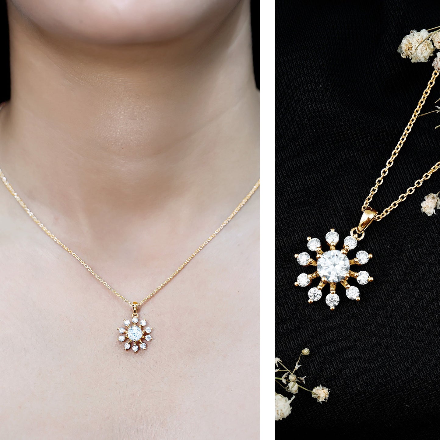 Certified Moissanite Snowflake Necklace in Yellow Gold Plated Silver