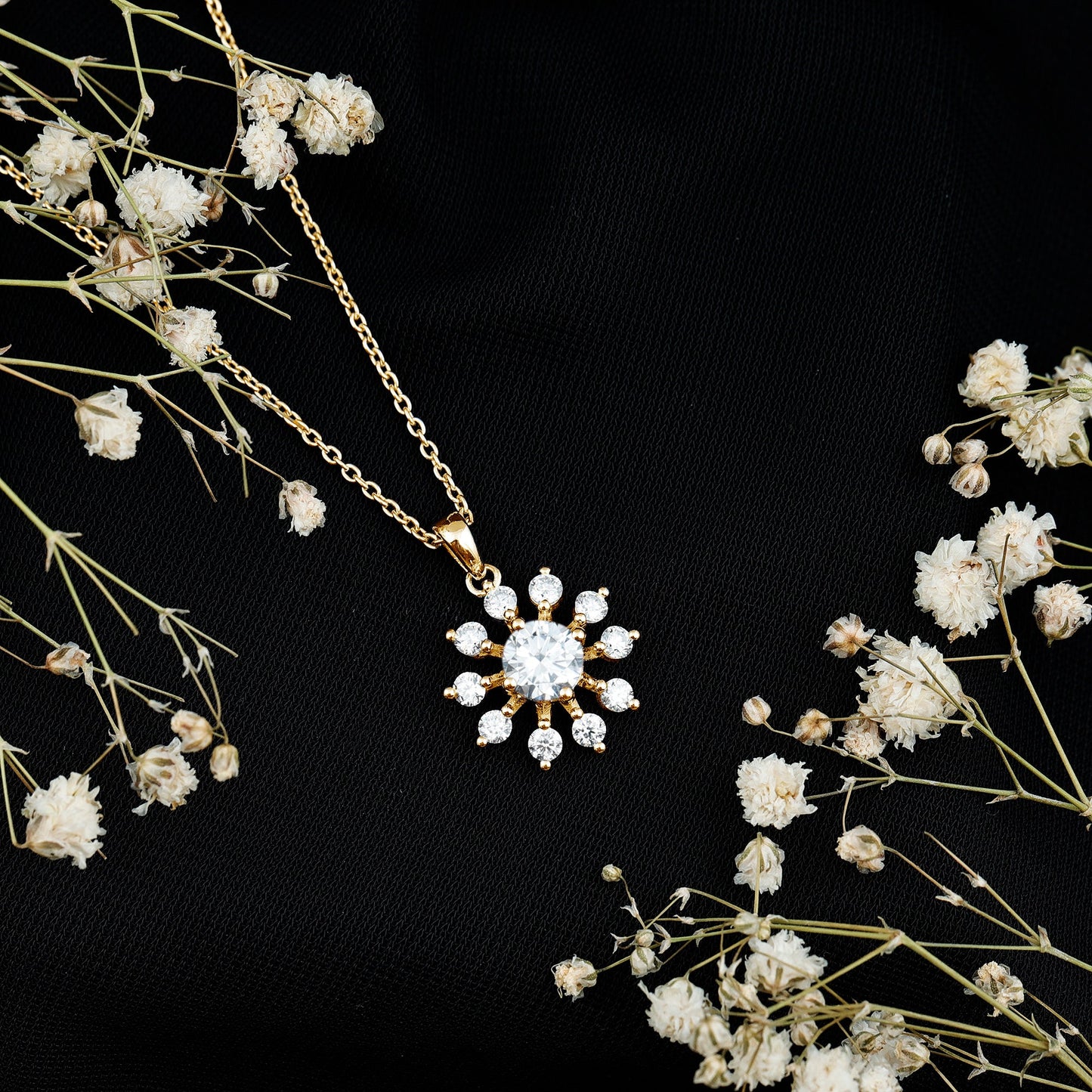 Certified Moissanite Snowflake Necklace in Yellow Gold Plated Silver