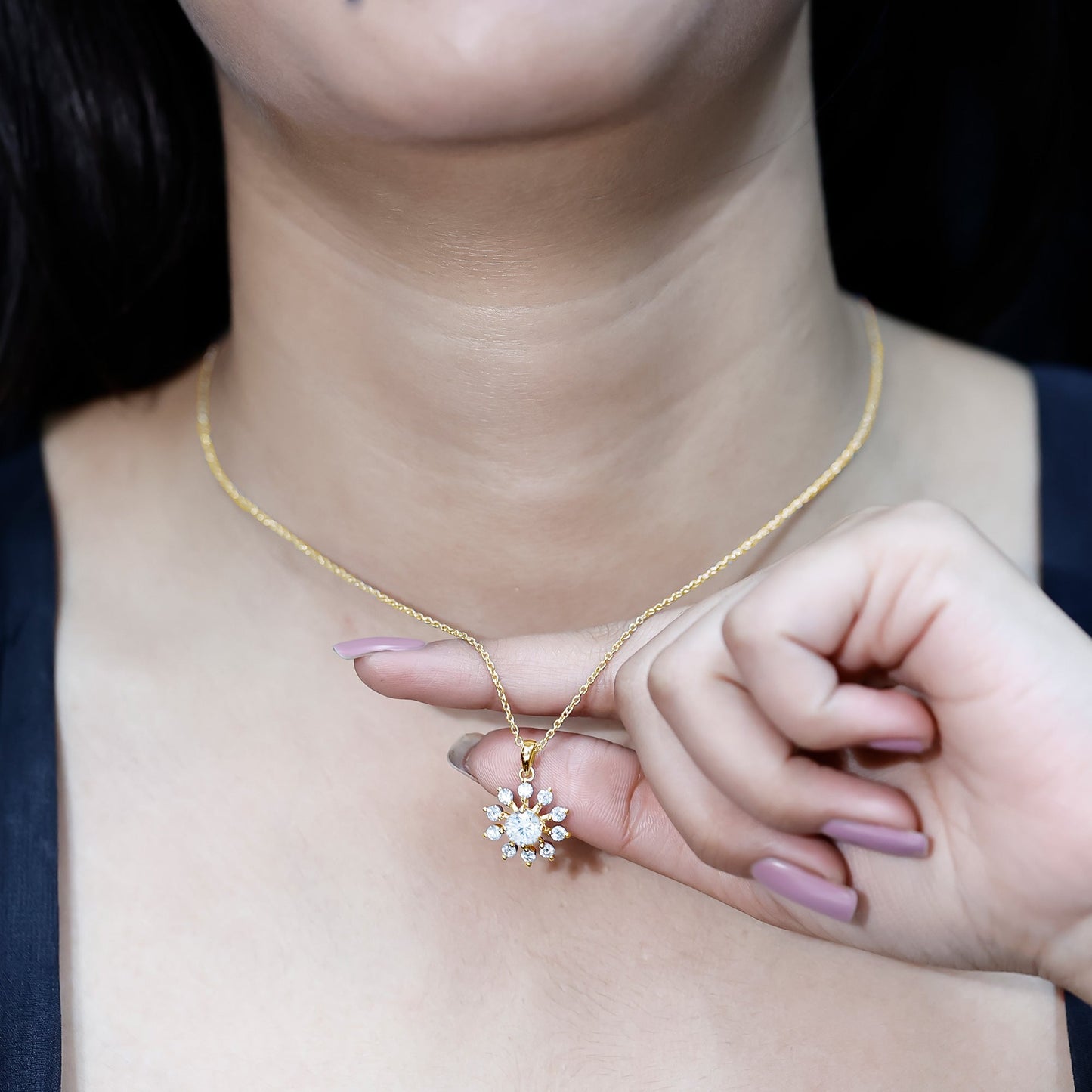 Certified Moissanite Snowflake Necklace in Yellow Gold Plated Silver