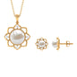 Natural Freshwater Pearl Flower Pendant and Earrings with Diamond
