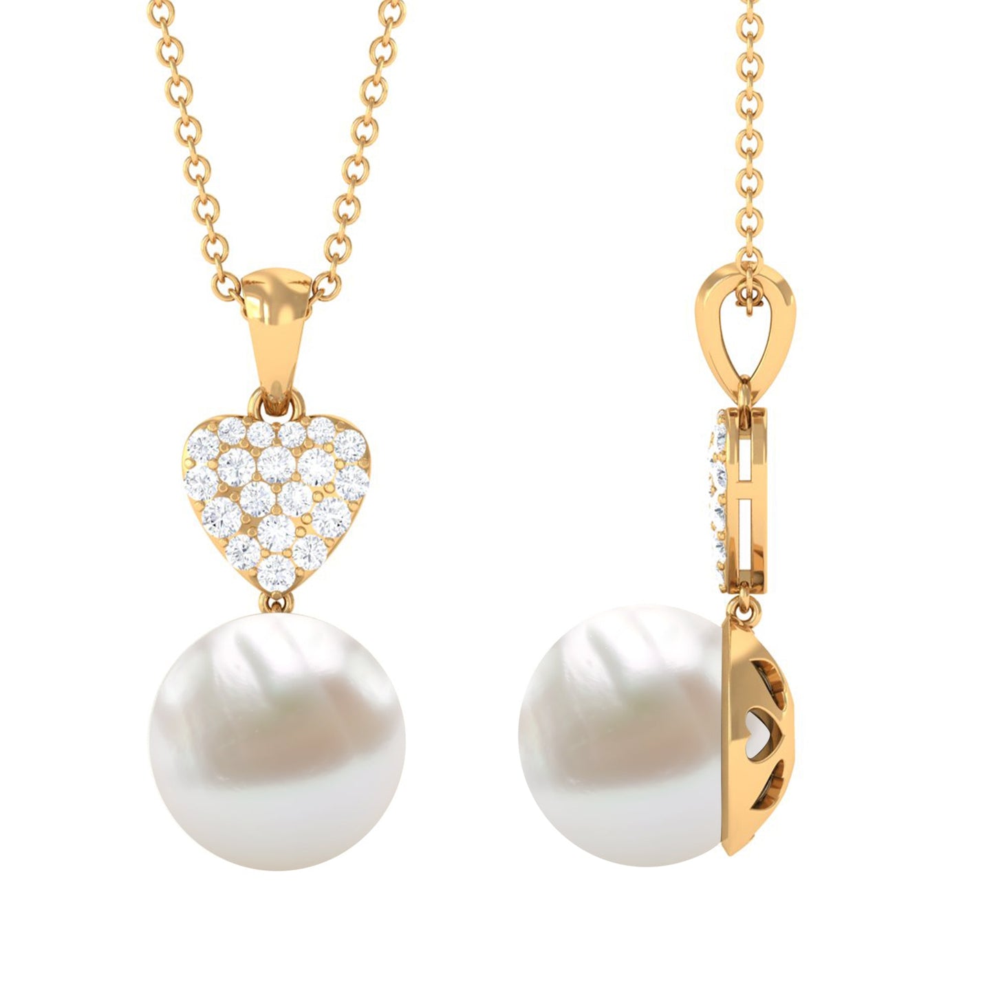 8 CT Bead Set Freshwater Pearl and Diamond Heart Dangle Pendant Necklace