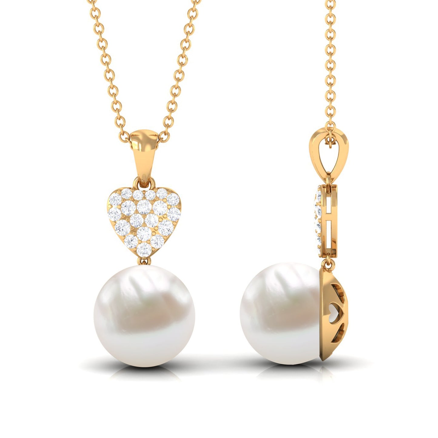 8 CT Bead Set Freshwater Pearl and Diamond Heart Dangle Pendant Necklace
