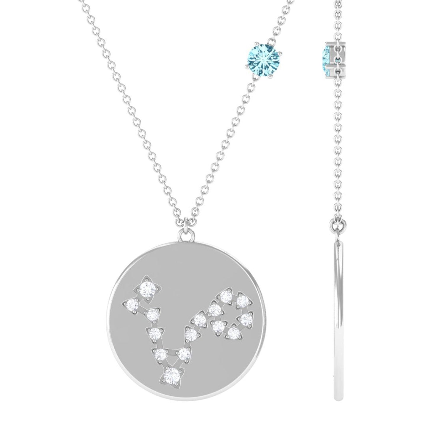 Certified Real Aquamarine Pisces Zodiac Disc Necklace with Diamond