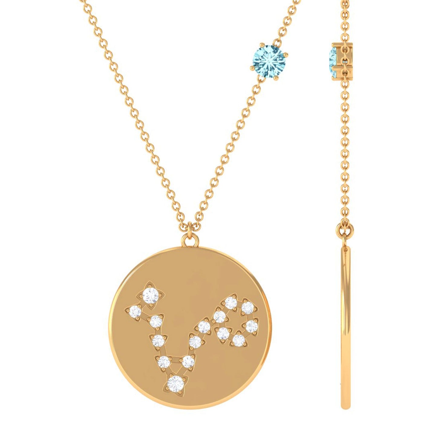 Certified Real Aquamarine Pisces Zodiac Disc Necklace with Diamond