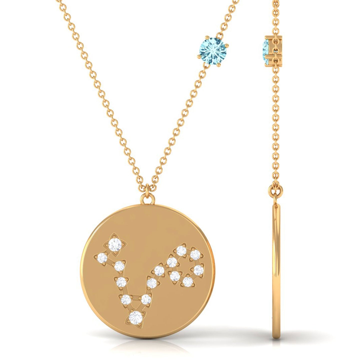 Certified Real Aquamarine Pisces Zodiac Disc Necklace with Diamond