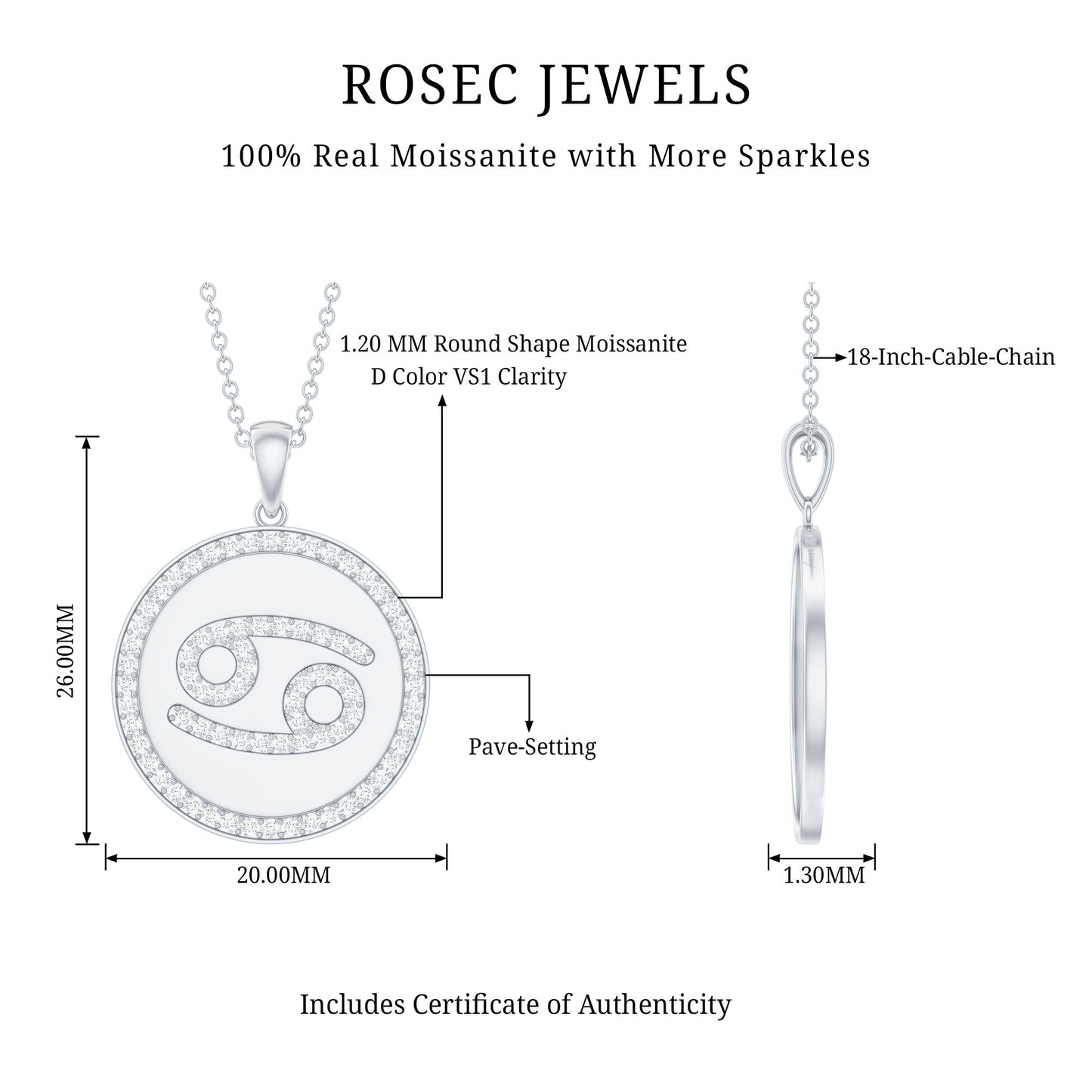 Pave Set Moissanite and Disc Cancer Sign Necklace