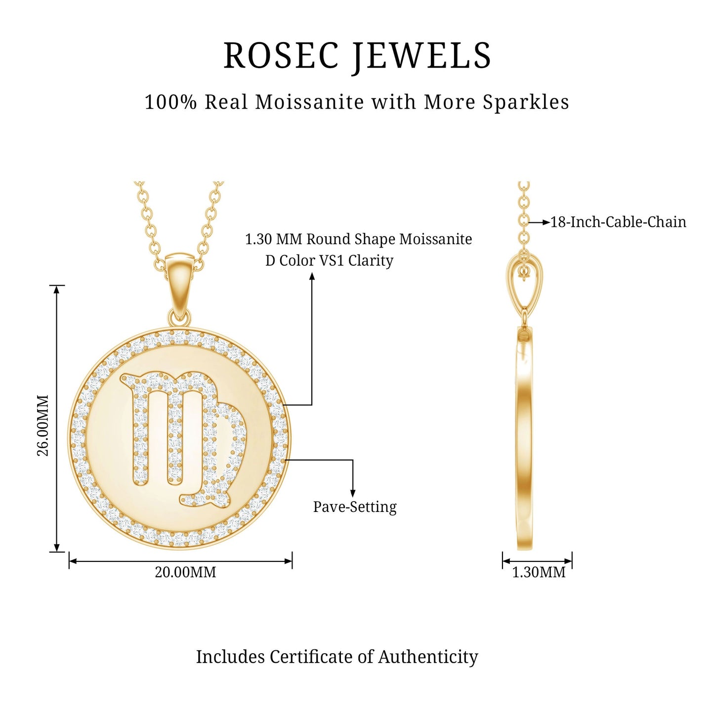 Virgo Zodiac Sign Disc Pendant with Pave Set Moissanite
