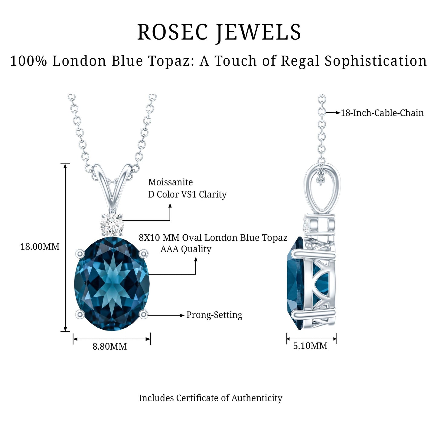 Genuine London Blue Topaz Solitaire Necklace with Chain