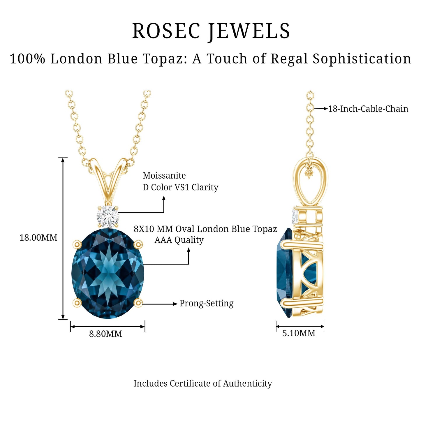 Genuine London Blue Topaz Solitaire Necklace with Chain
