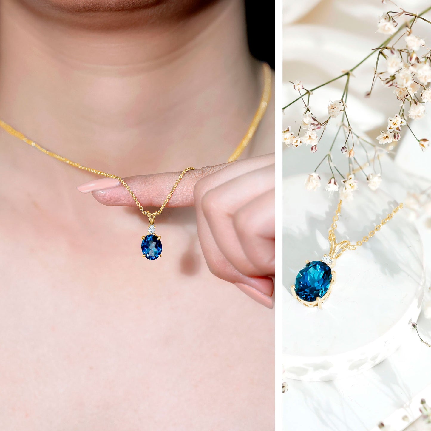 Genuine London Blue Topaz Solitaire Necklace with Chain