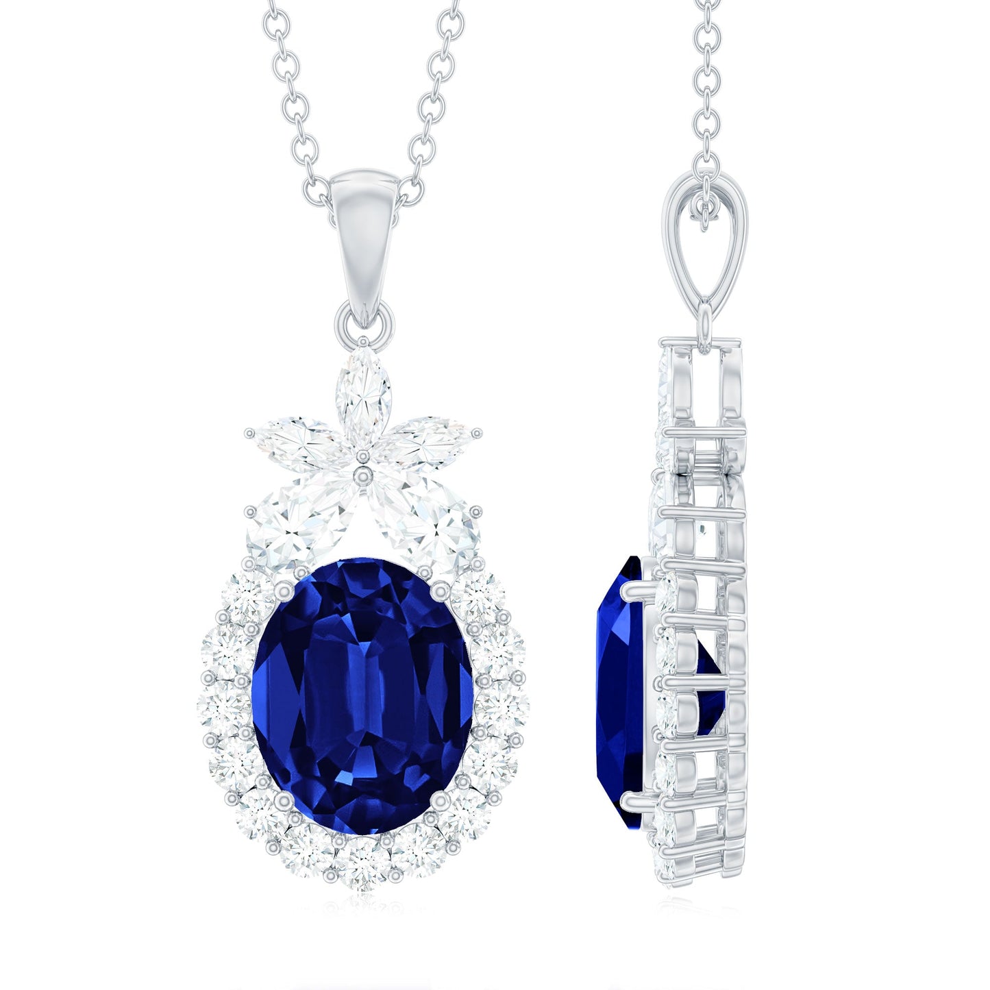 4 Carat Oval Shape Lab Created Blue Sapphire Statement Necklace with Moissanite
