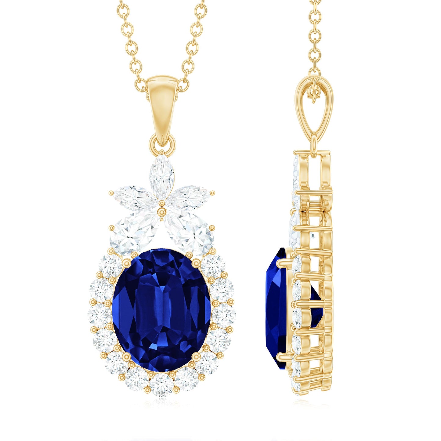 4 Carat Oval Shape Lab Created Blue Sapphire Statement Necklace with Moissanite