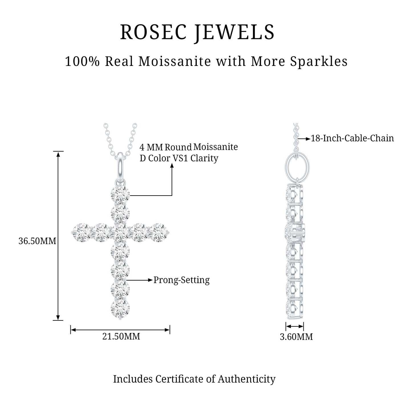 Certified Moissanite Cross Necklace With Silver Chain
