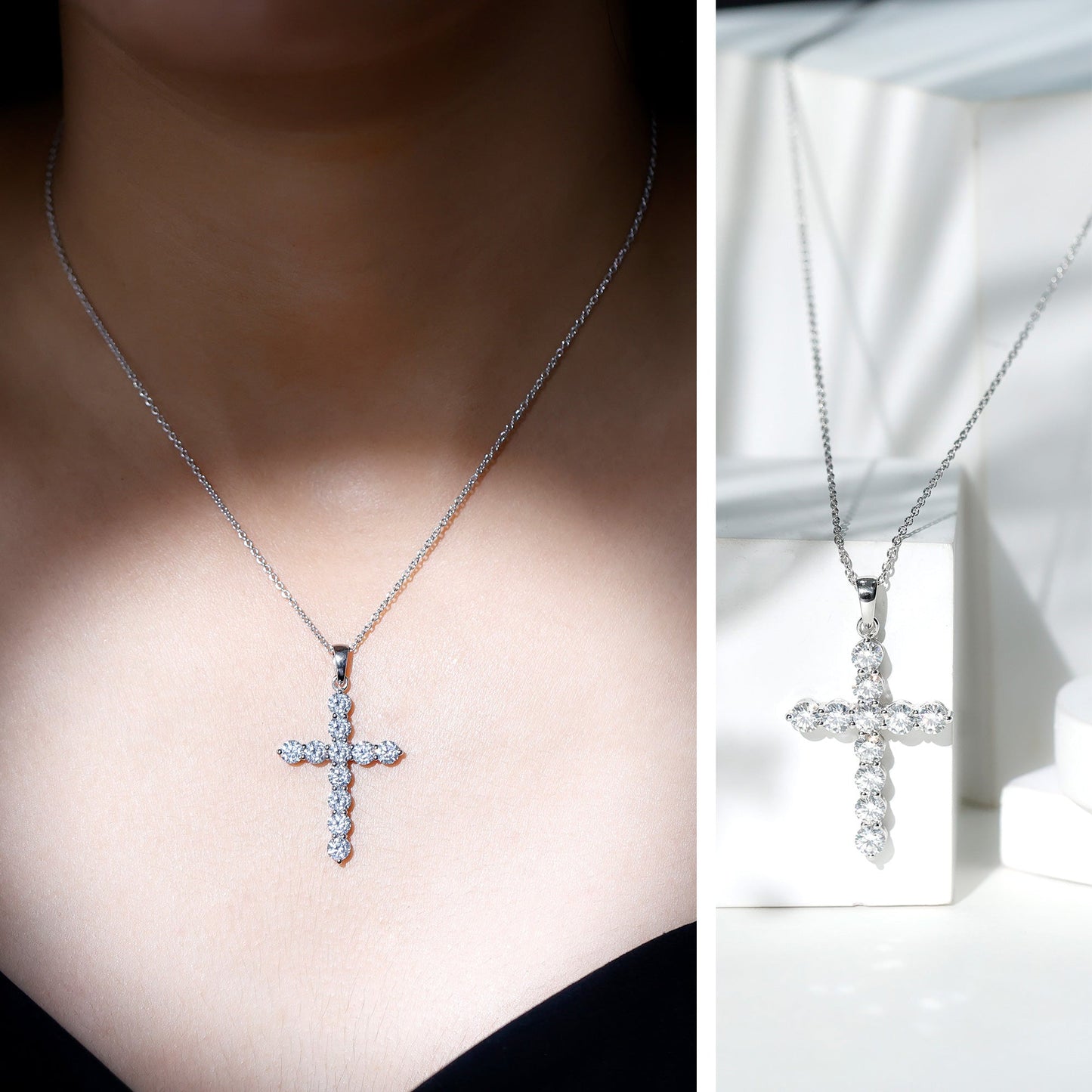 Certified Moissanite Cross Necklace With Silver Chain