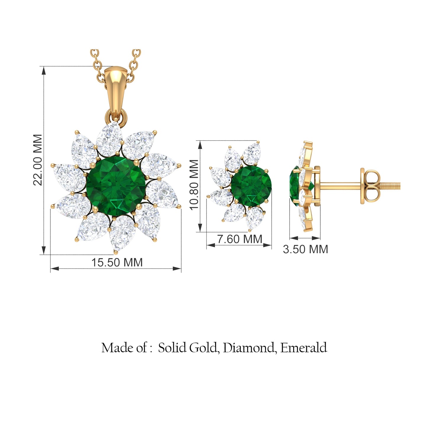 Certified Lab Grown Emerald Diamond Flower Jewelry Set for Women