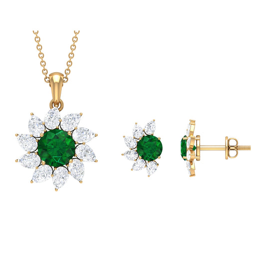 Certified Lab Grown Emerald Diamond Flower Jewelry Set for Women