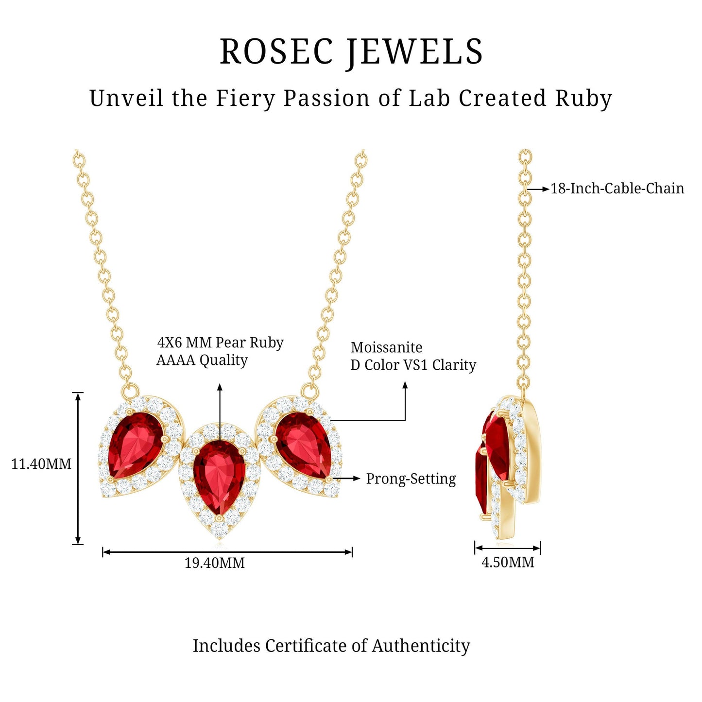 Pear Cut Lab Created Ruby Three Stone Necklace with Moissanite Halo