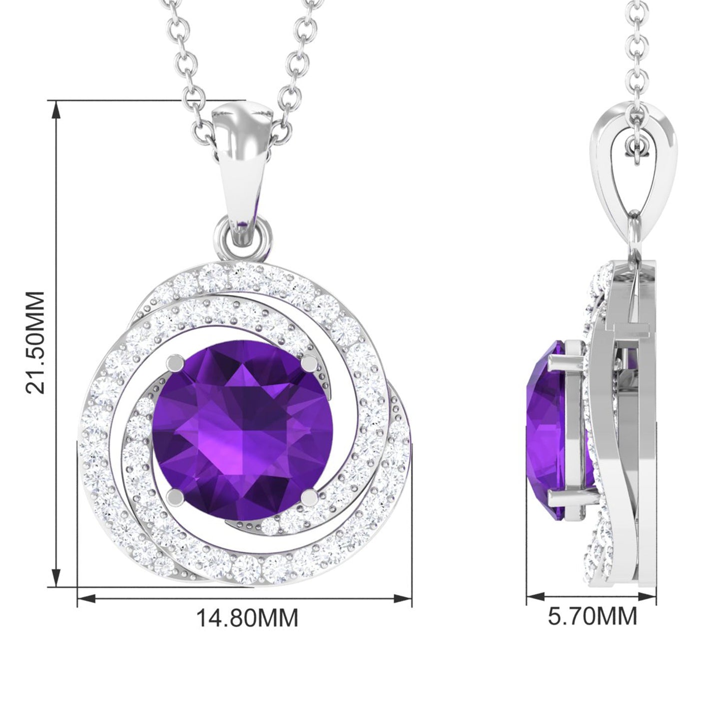 Natural Amethyst and Diamond Swirl Pendant Necklace