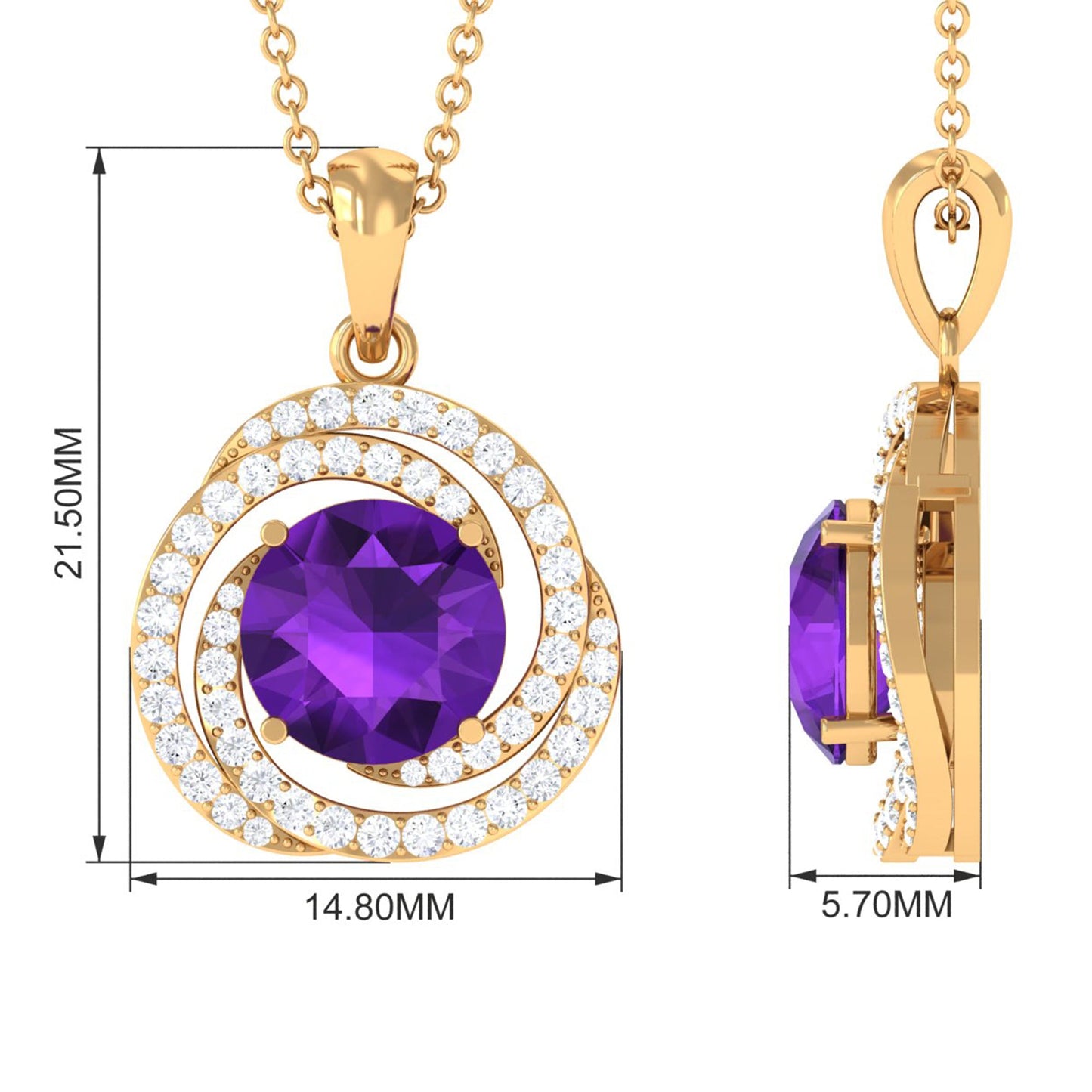 Natural Amethyst and Diamond Swirl Pendant Necklace