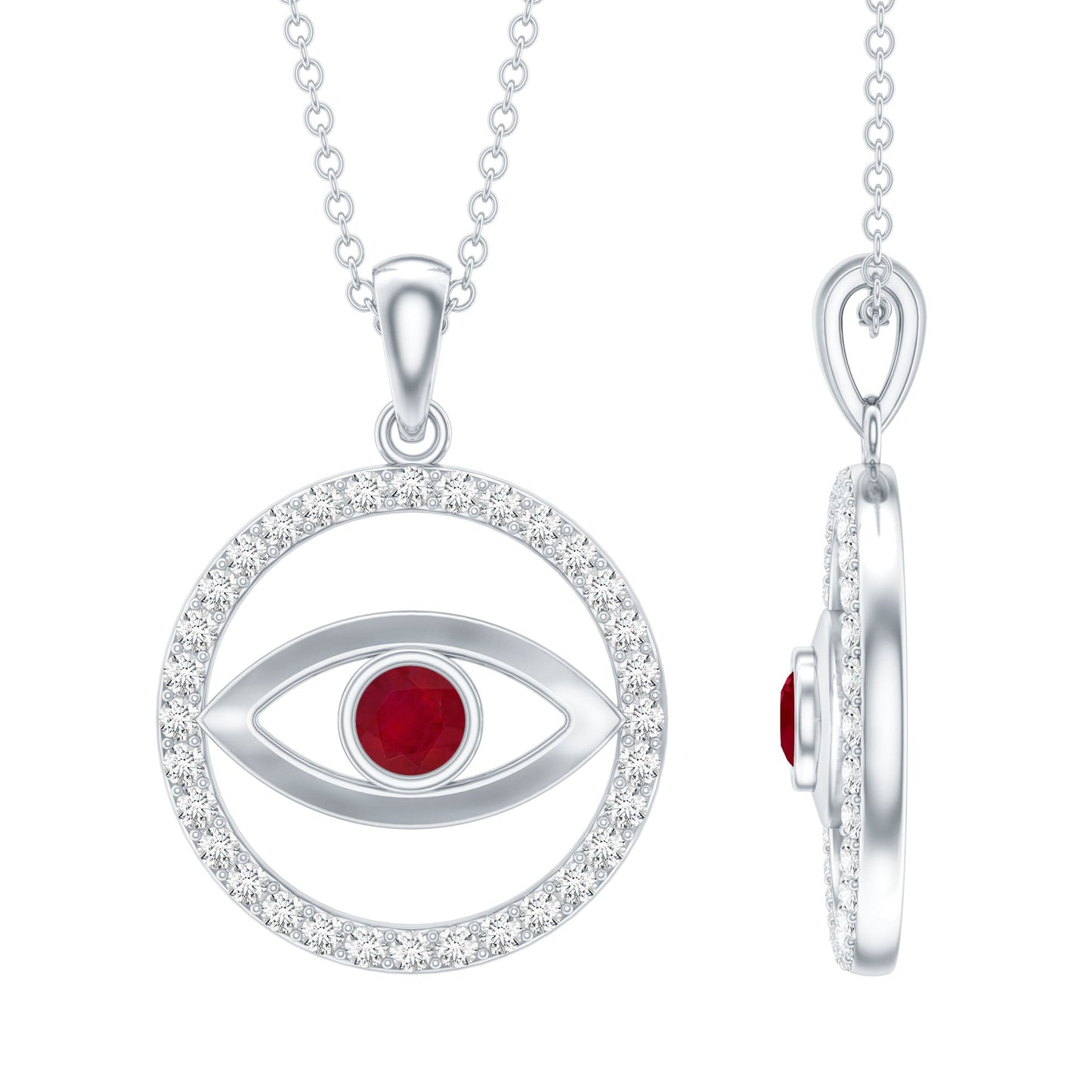 Real Ruby and Diamond Evil Eye Pendant Necklace
