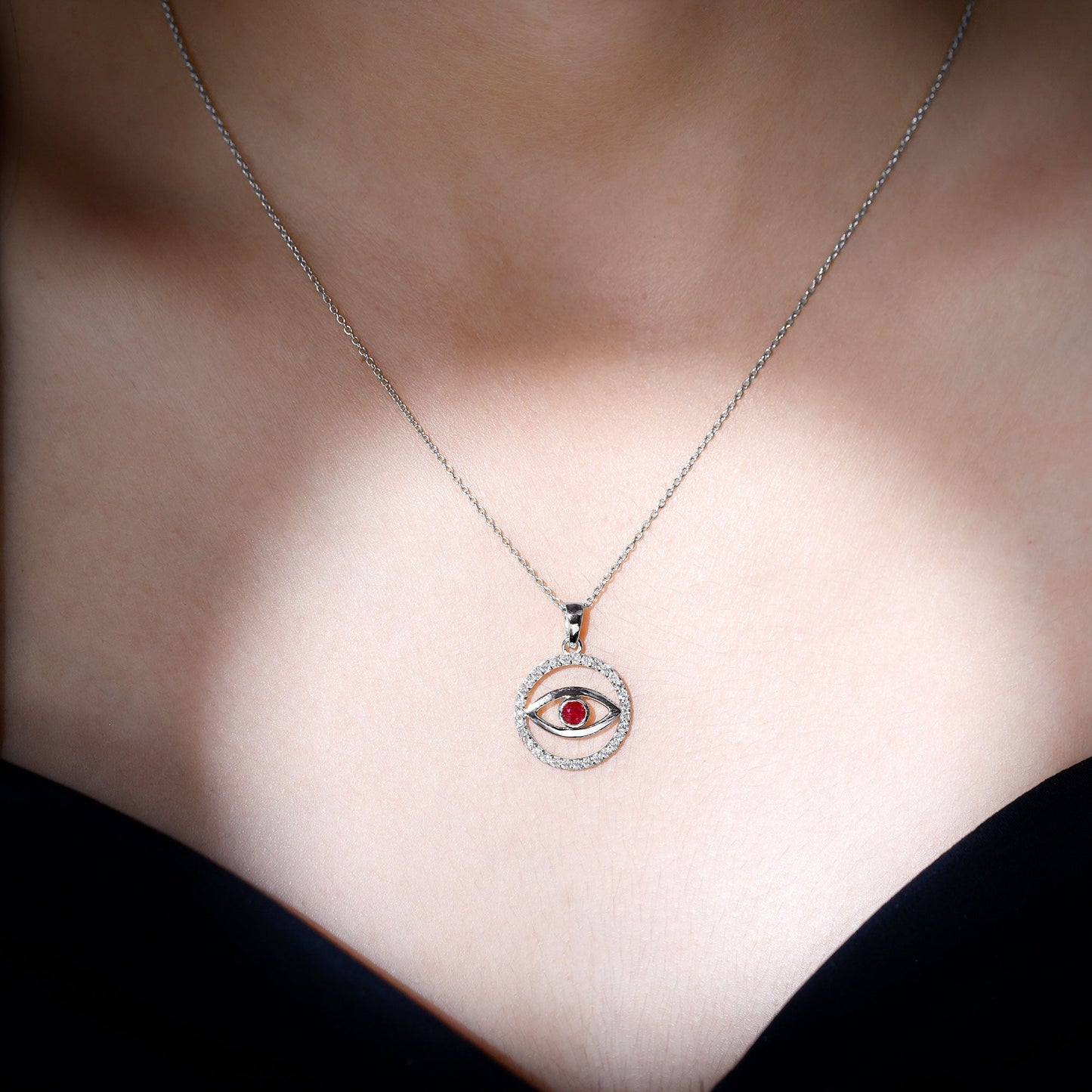 Real Ruby and Diamond Evil Eye Pendant Necklace