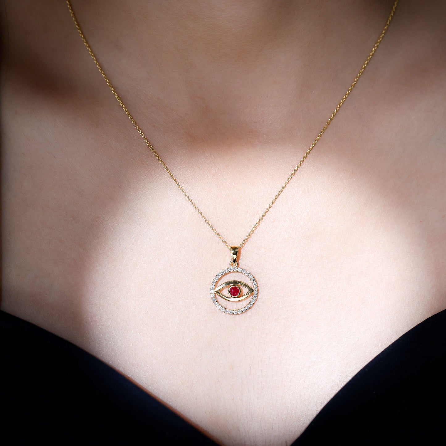 Real Ruby and Diamond Evil Eye Pendant Necklace
