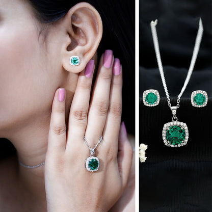 Certified Lab Grown Emerald Necklace and Earring Set for Women