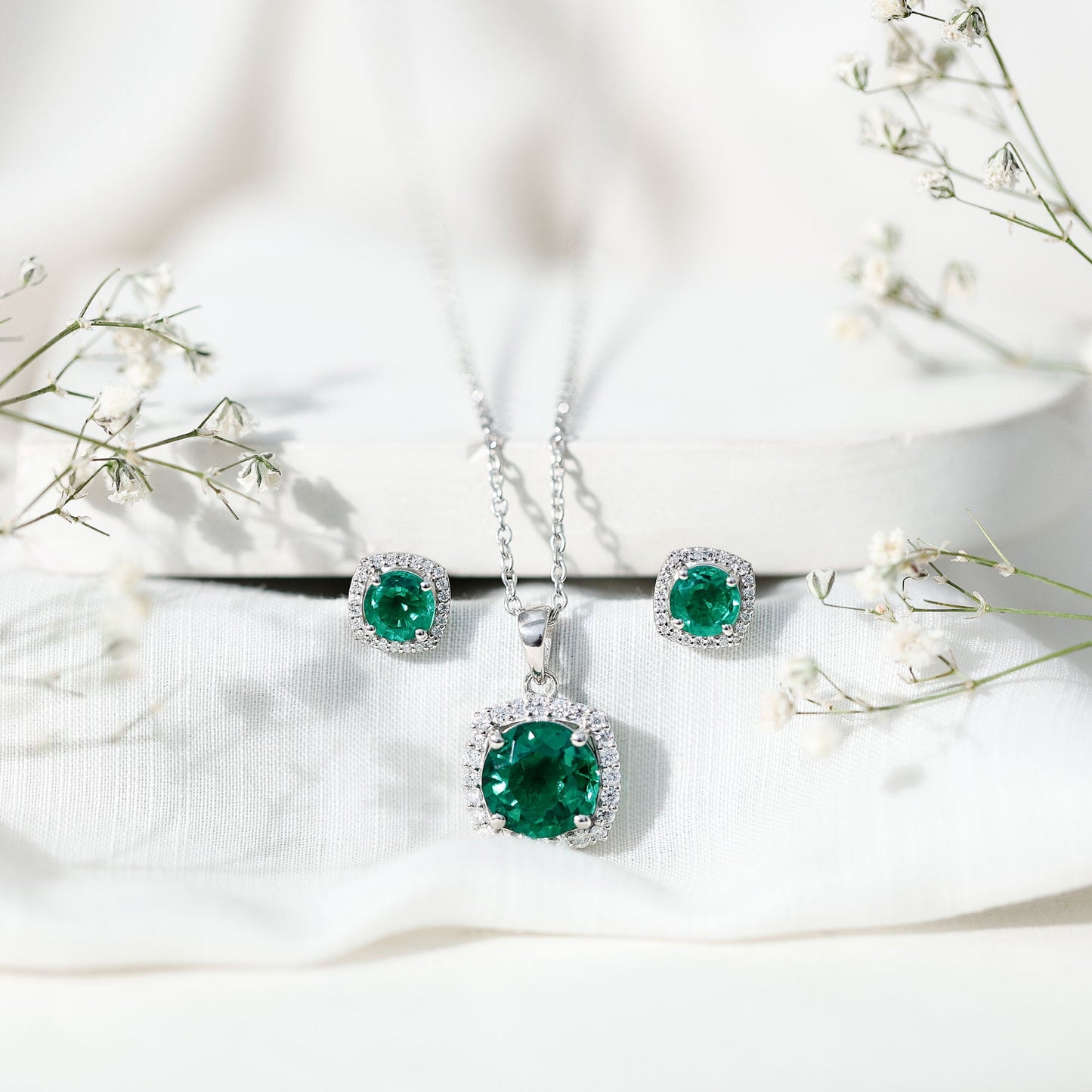 Certified Lab Grown Emerald Necklace and Earring Set for Women