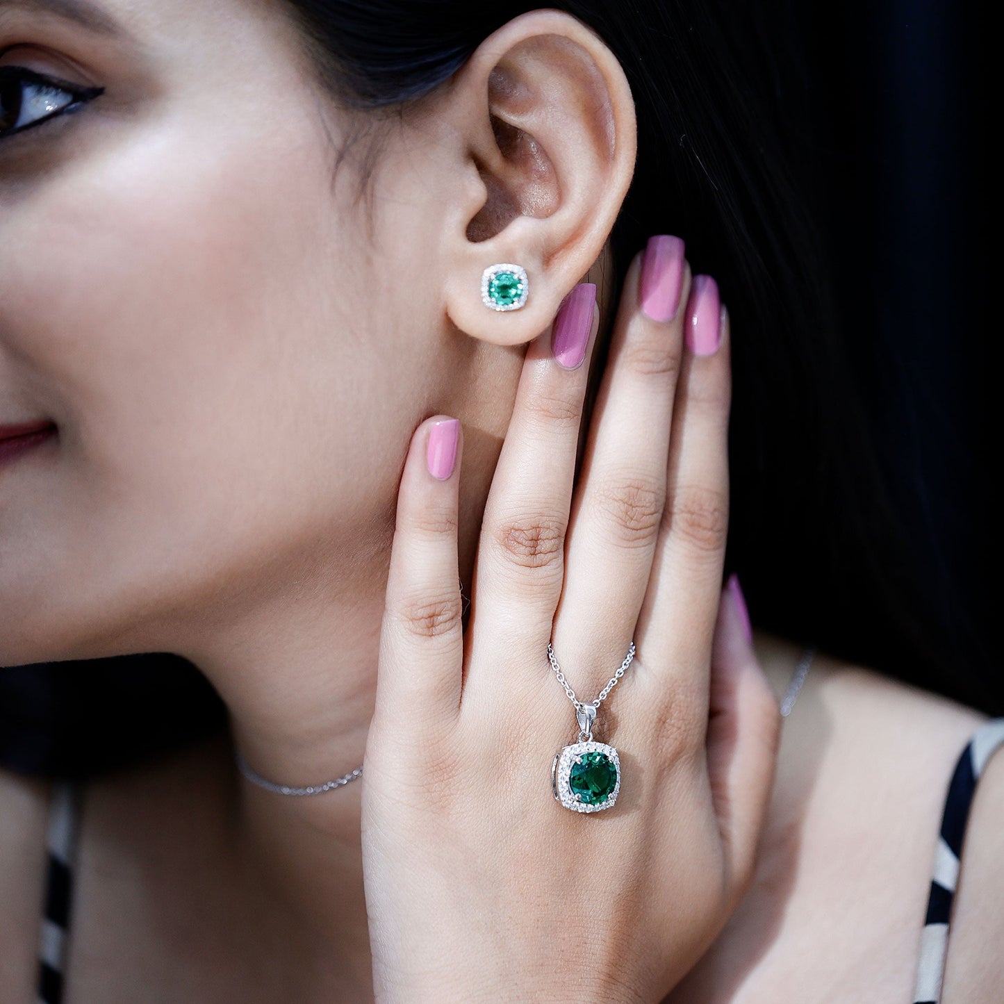Certified Lab Grown Emerald Necklace and Earring Set for Women