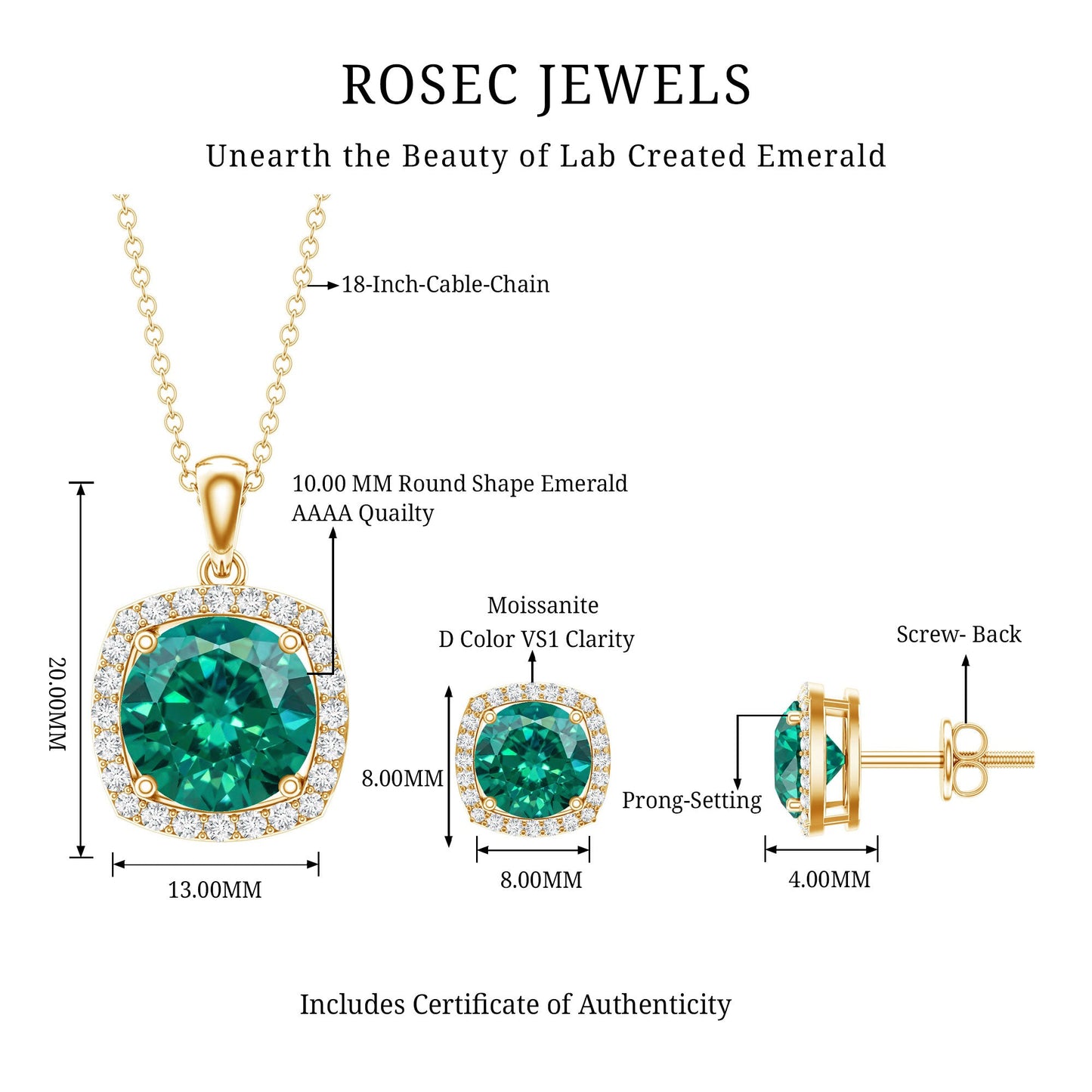 Certified Lab Grown Emerald Necklace and Earring Set for Women
