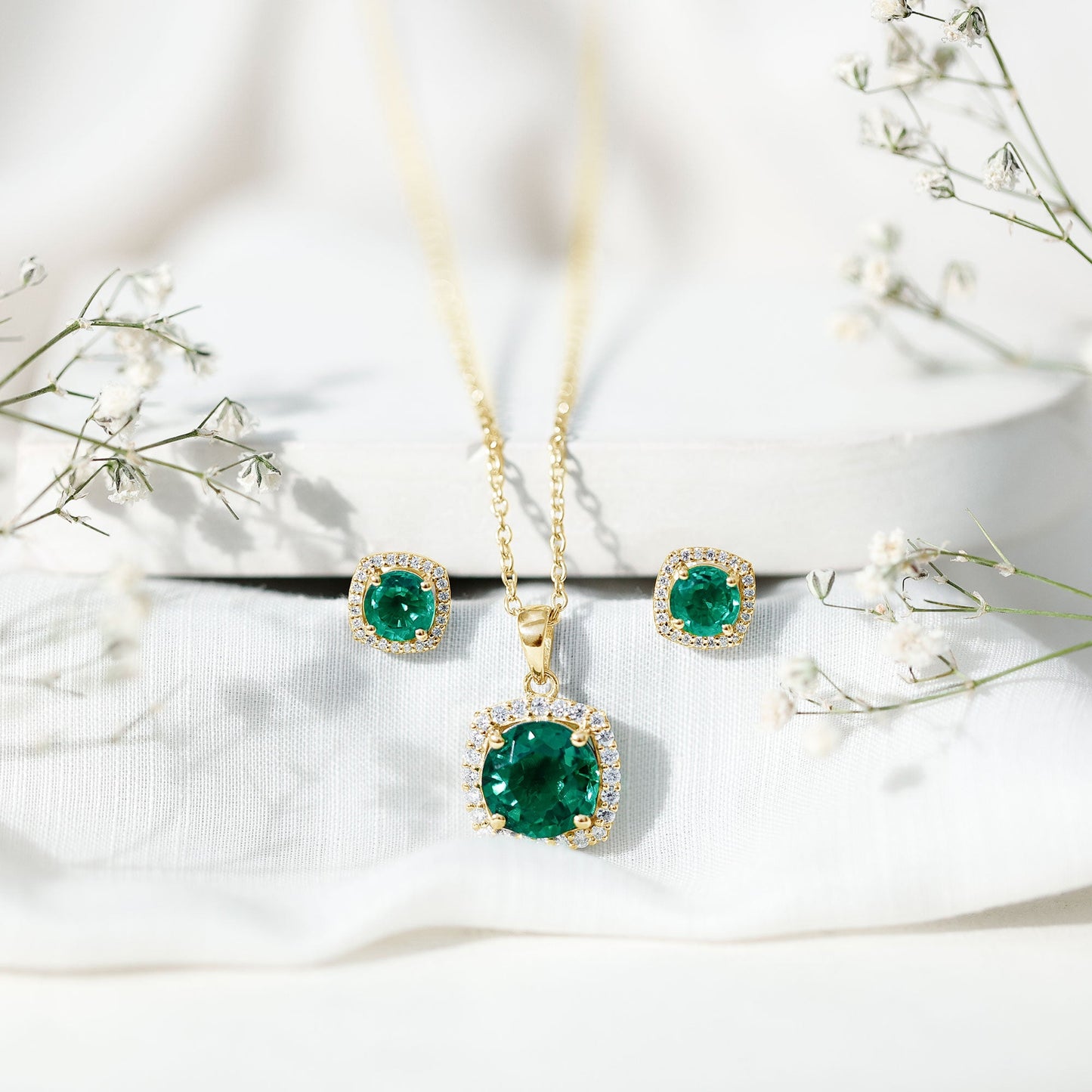 Certified Lab Grown Emerald Necklace and Earring Set for Women