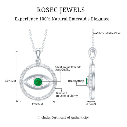 Real Emerald and Diamond Evil Eye Pendant Necklace