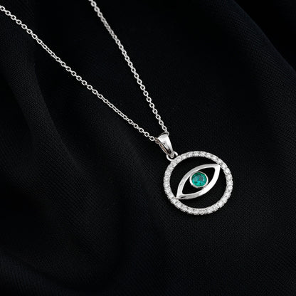 Real Emerald and Diamond Evil Eye Pendant Necklace