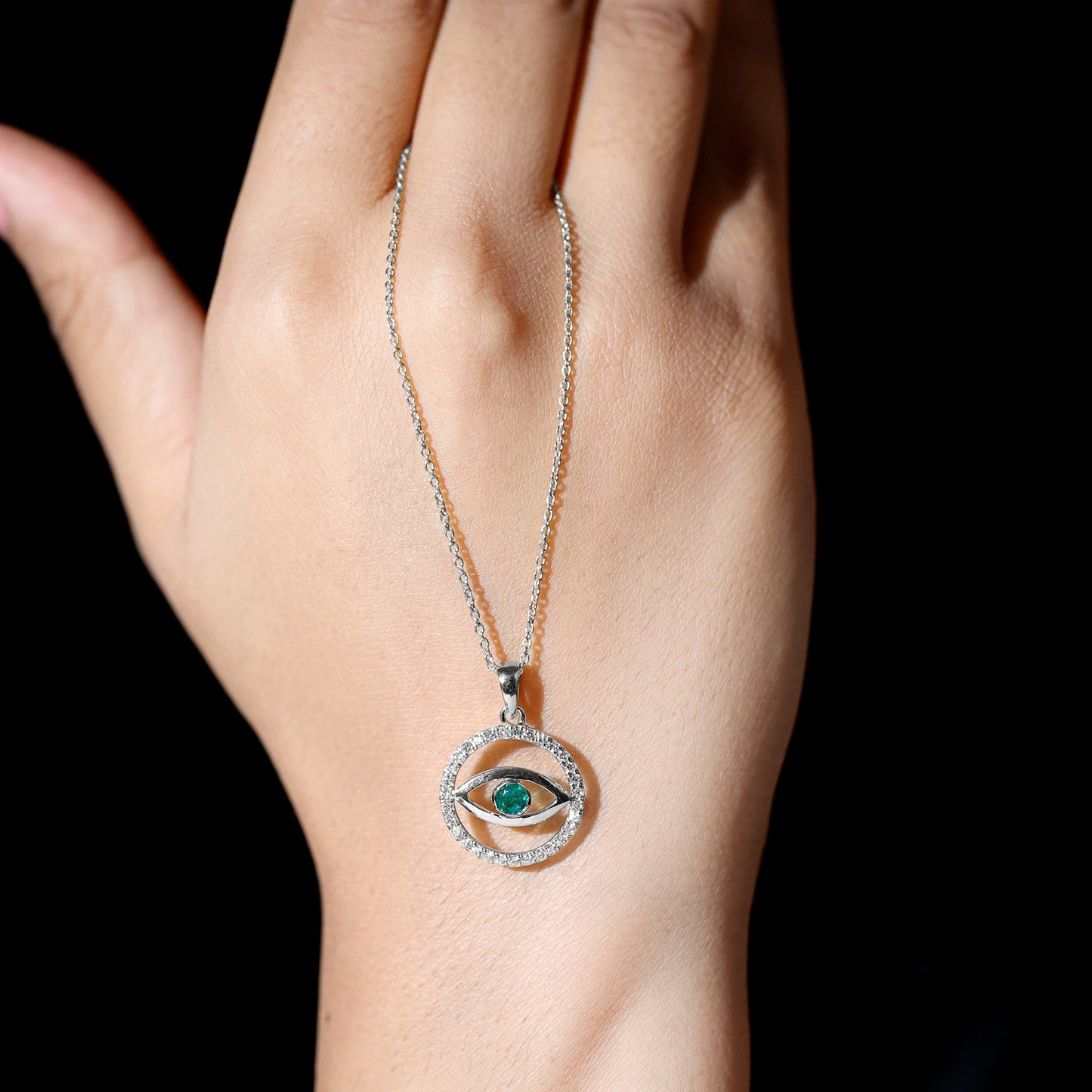 Real Emerald and Diamond Evil Eye Pendant Necklace