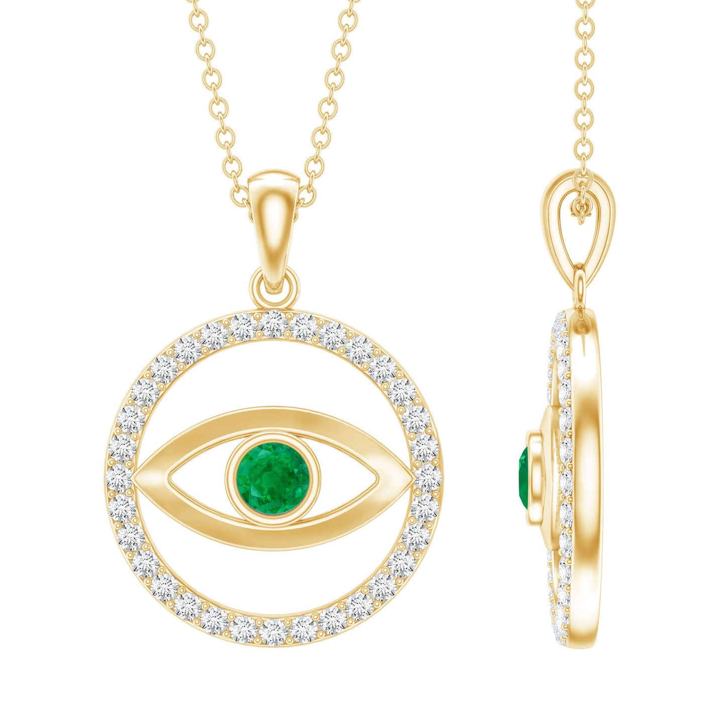 Real Emerald and Diamond Evil Eye Pendant Necklace