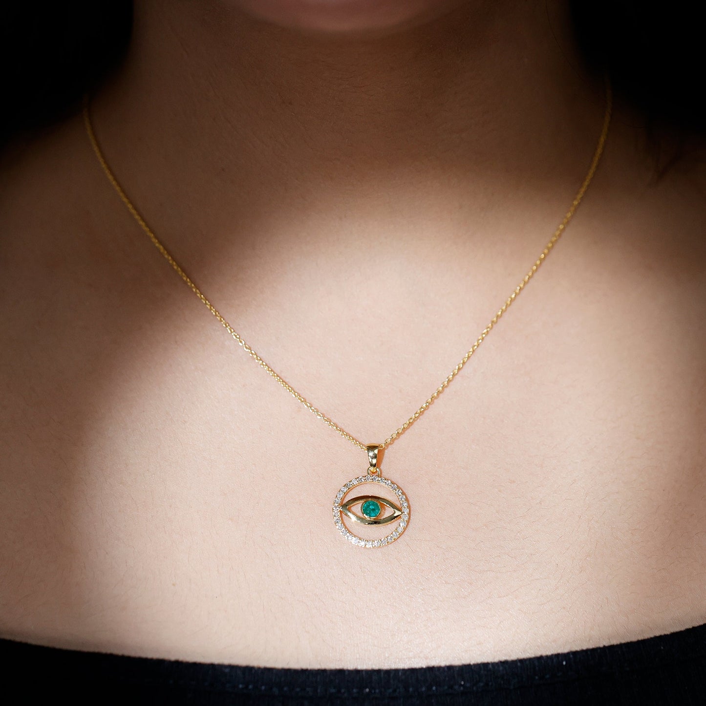 Real Emerald and Diamond Evil Eye Pendant Necklace