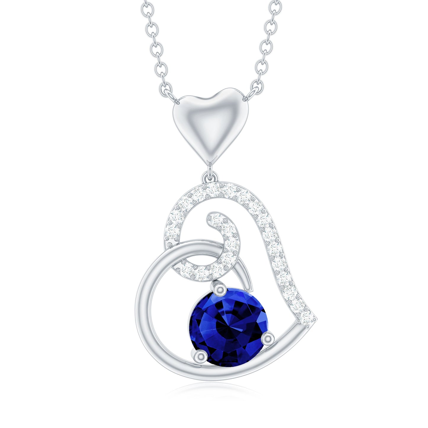 1 Carat Created Blue Sapphire and Diamond Heart Drop Pendant